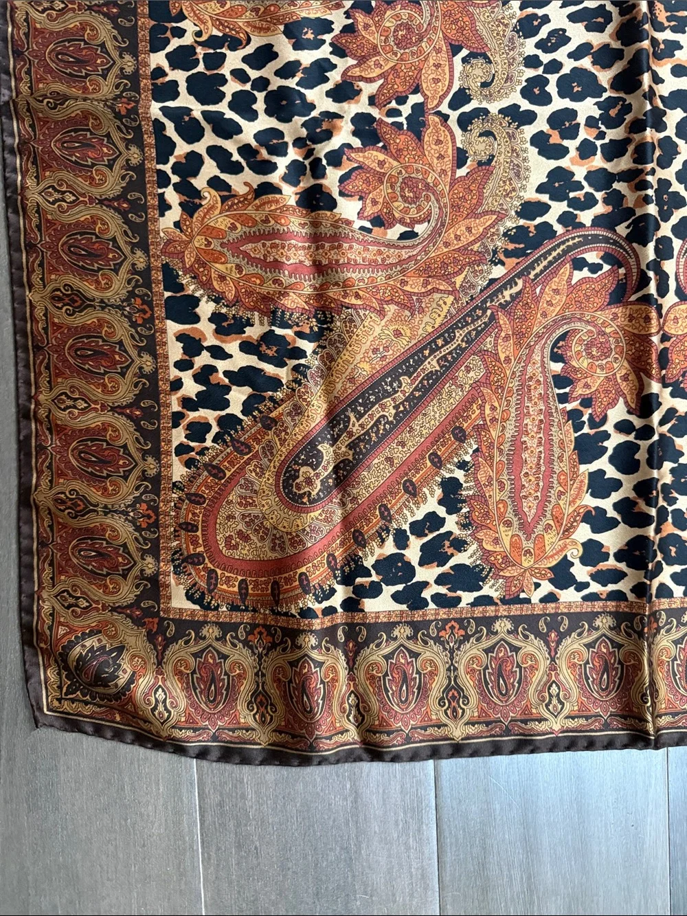 Vintage Silk Scarf Leopard & Paisley Print Square Scarf Brown Gold Accessory